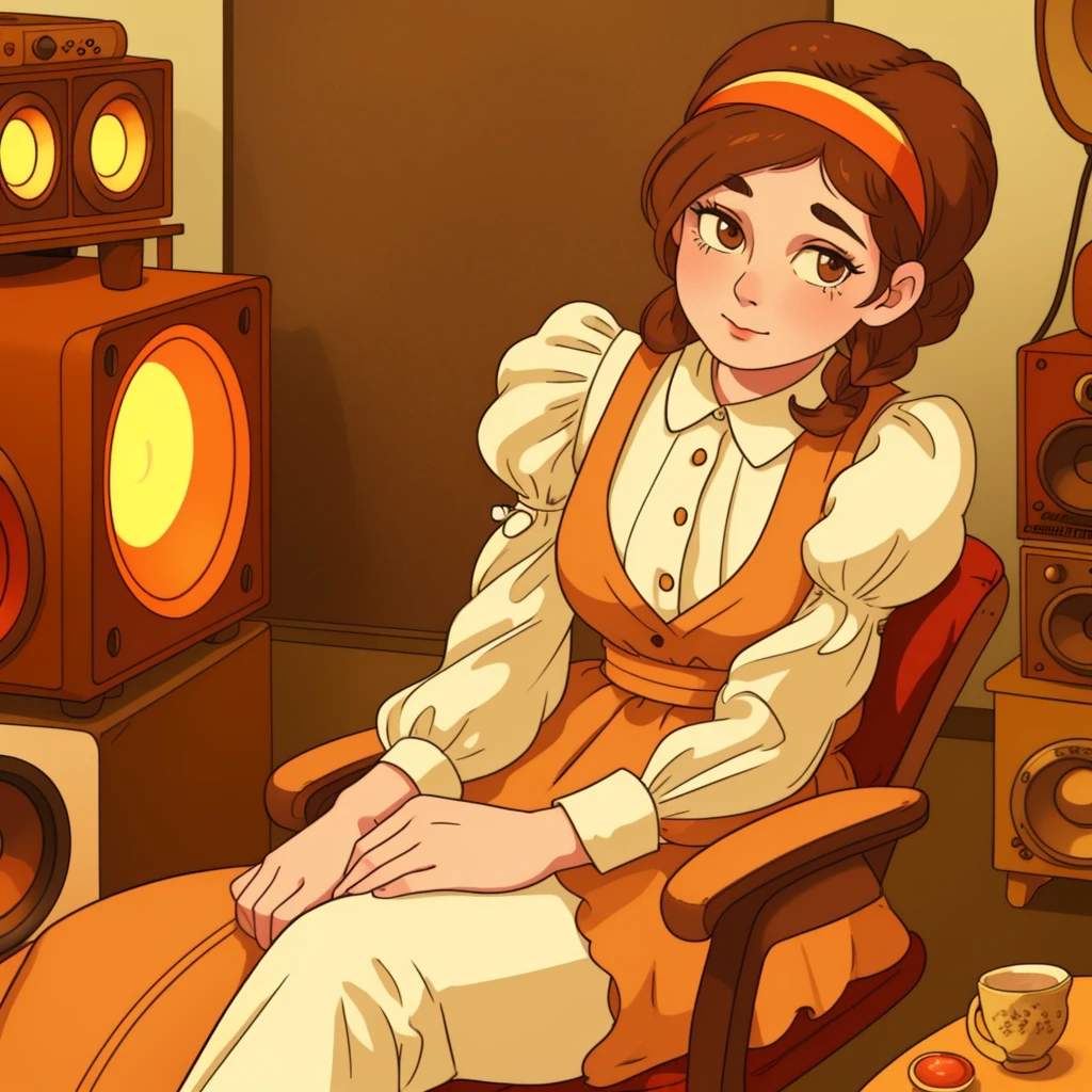 A person sitting in front of vintage speakers, with a focus on warm colors and a retro aesthetic. The individual has brown hair tied back with a headband, wearing a white blouse with puffed sleeves, and the background includes details like knobs and speaker grills to emphasize the old-fashioned technology theme
