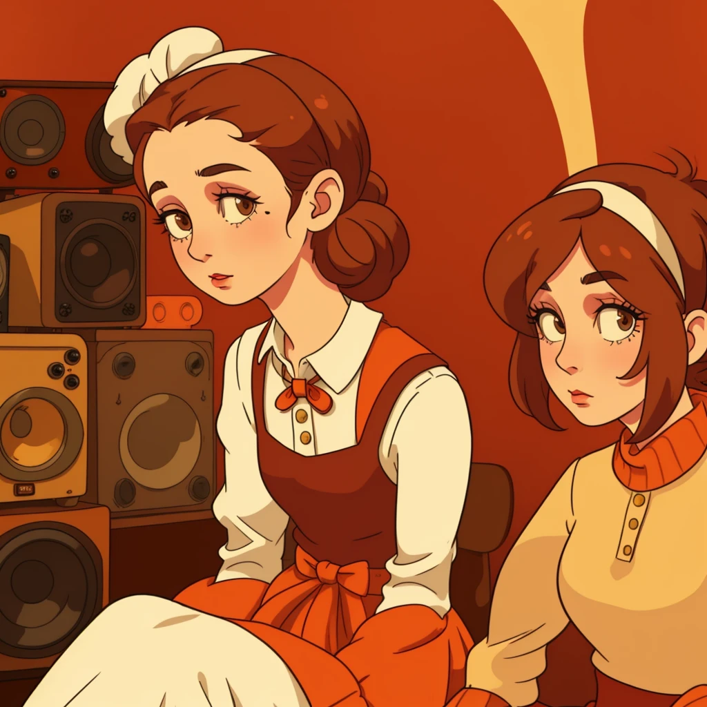 A person sitting in front of vintage speakers, with a focus on warm colors and a retro aesthetic. The individual has brown hair tied back with a headband, wearing a white blouse with puffed sleeves, and the background includes details like knobs and speaker grills to emphasize the old-fashioned technology theme