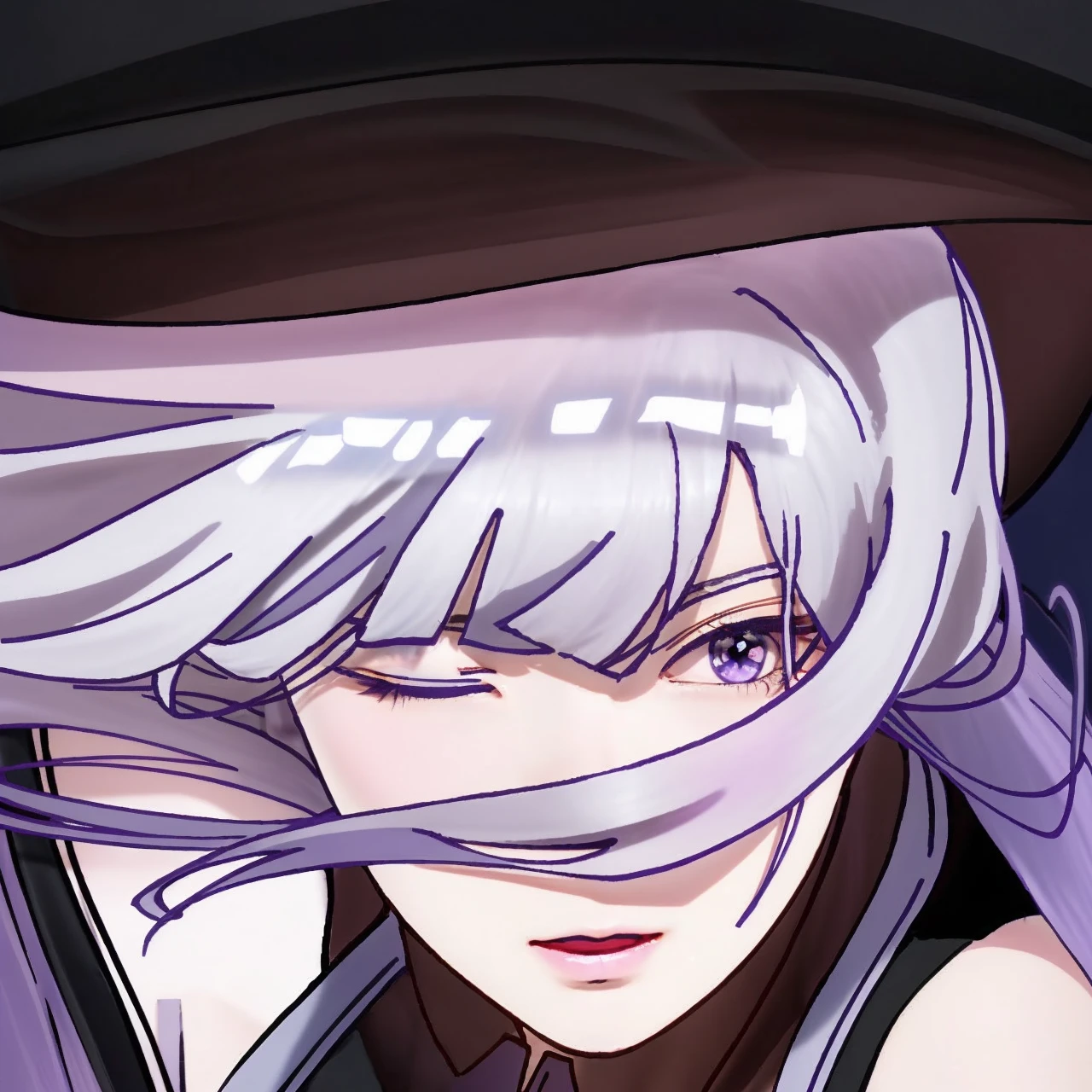 1girl with long hair and black dress standing in front of a door, anime girl wearing a black crop top, (Light purple hair), (Long hair), fair skin, purple eyes, pretty face, big breasts, cute face see-through bangs, (((Perfect))), Thin face, near future, Small face