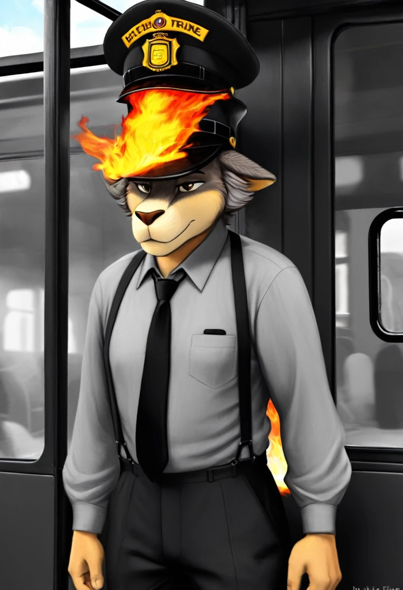 He is a fire, a fire head. He has a hat, he is a tram driver. My he has grey shirt with black tie and black pants 