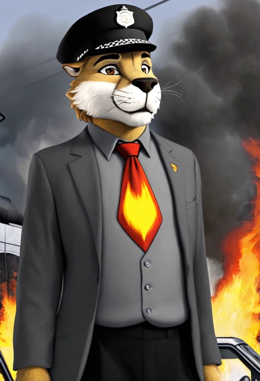He is a fire, a fire head. He has a hat, he is a tram driver. My he has grey shirt with black tie and black pants