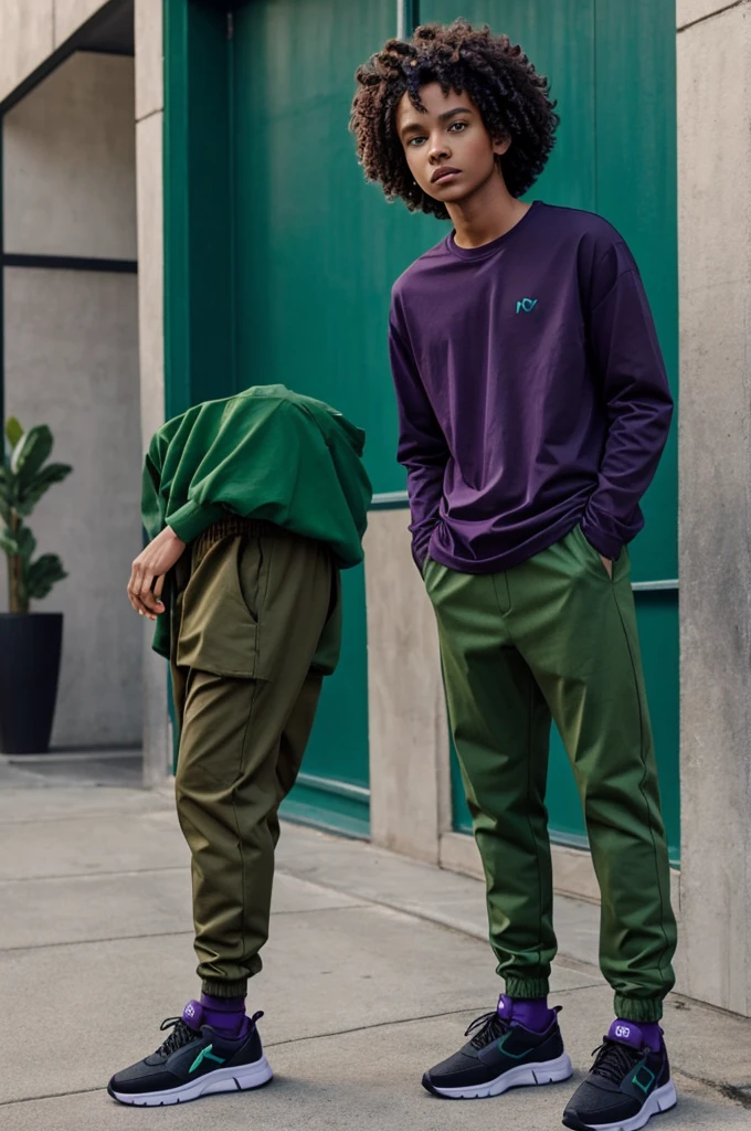 a cute alien with green eyes,happy curly hair, hair color on top is green and brown on bottom , with a long sleeve shirt but not too much, shirt color is blue,and the pants are a light shade of purple, long pants, and black shoes, the skin tone is green