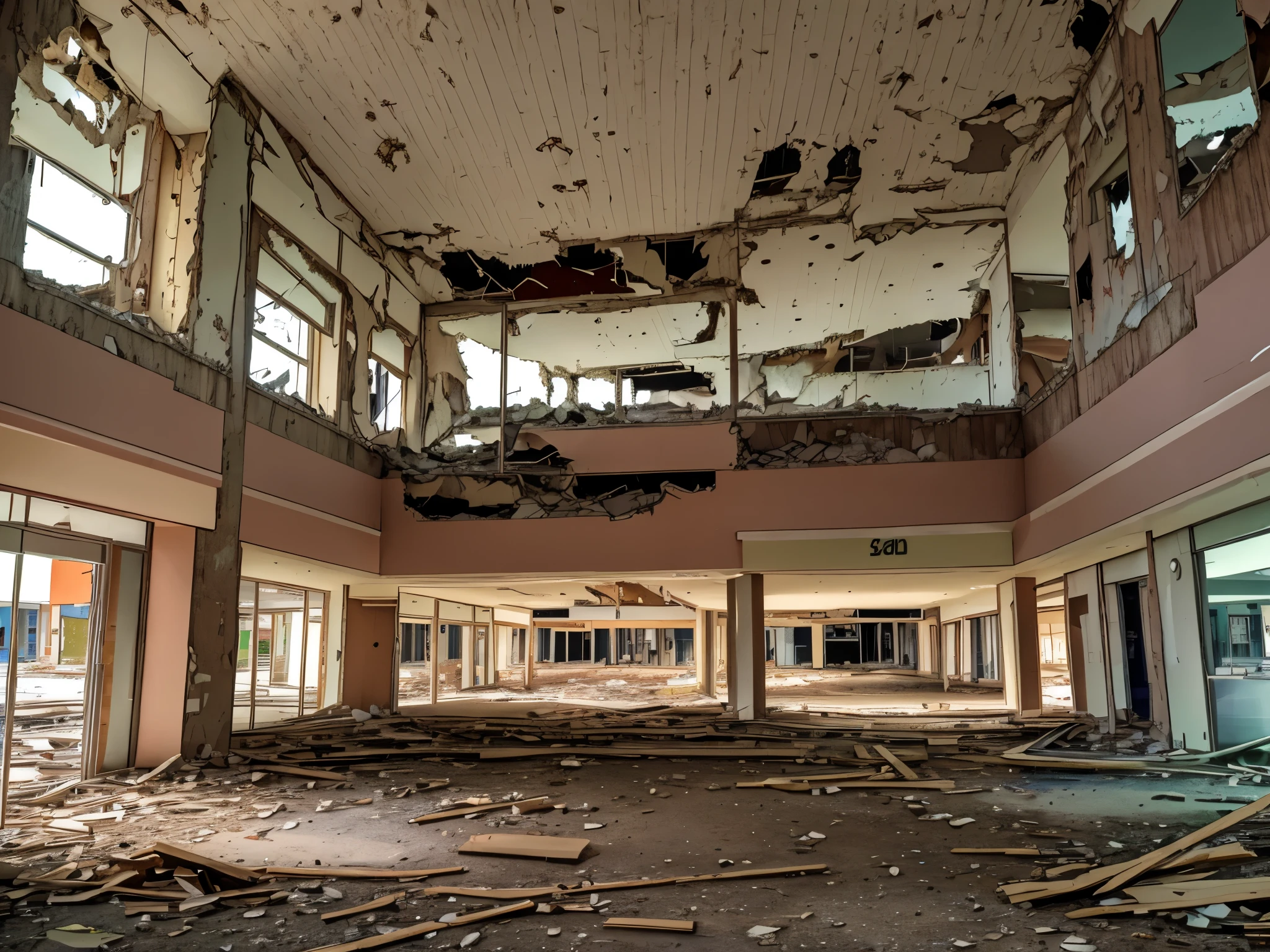 (((Masterpiece))), (high quality),abandoned shopping mall,All stores are closed,Each store is independent,All stores are one-story,The stores have all been completely demolished,There is no one here,Long Shot