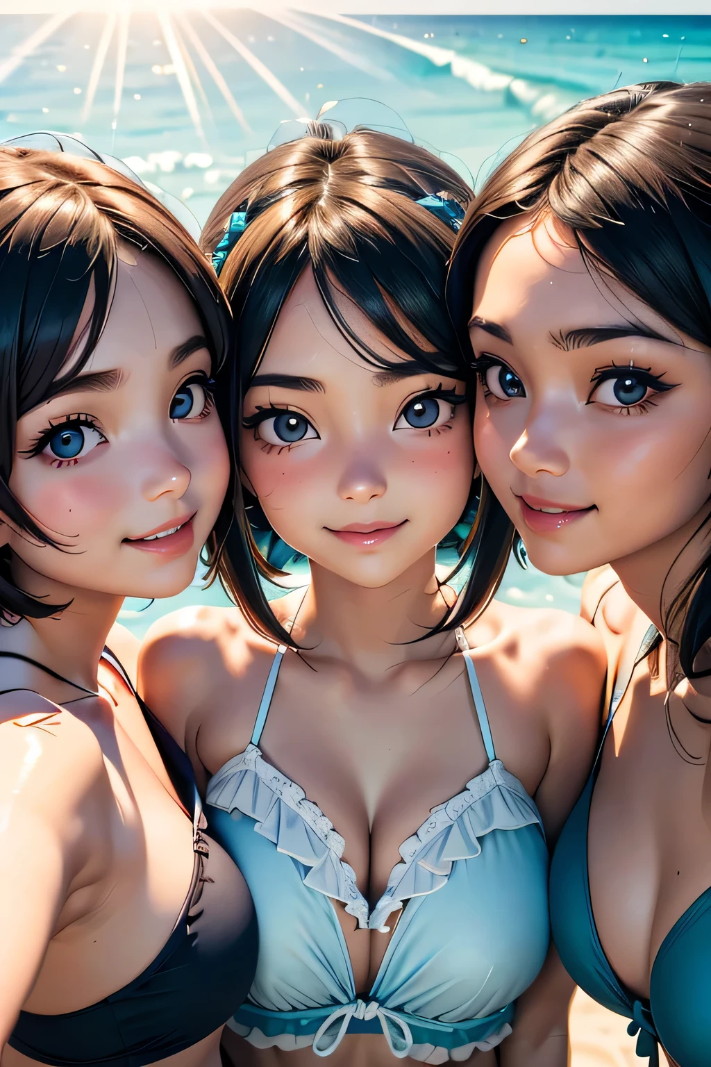 Highest quality、High resolution、Detailed Background、(Beautiful face in every detail:1.4)、Anatomically correct、Normal number of fingers、(Detailed facial expressions)、(Detailed eyes:1.2)、 beauty、(Highly detailed face:1.4)、(Huge breasts:1.2)、cute hair color、Braided bob cut、Braided Ponytail、cute hairstyle、well-groomed eyebrows、Perfect body line、A big smile、smile、Summer Sea、
(Super close-up of three beautiful girls from below:1.5)、Close up from below、Look at me with a happy expression、Cute gestures、
Bikinis with high waist and frill designs、A cute one-piece swimsuit with a romper-style design and ribbon accents、A tankini with separate top and bottom、Vivid colors and refreshing pastel colors are recommended.、Summery colors、cute