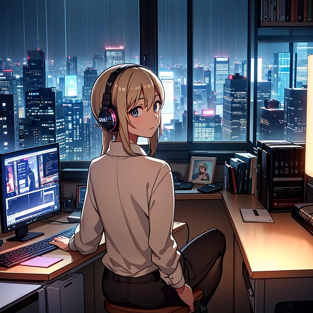 sitting at a desk in front of a computer, with their back to the viewer. The setting is at night, and the room is softly lit by the glow of the computer screen and a desk lamp. Outside the window, it’s raining, and city lights can be seen in the distance. The person is wearing headphones and appears to be focused on their work