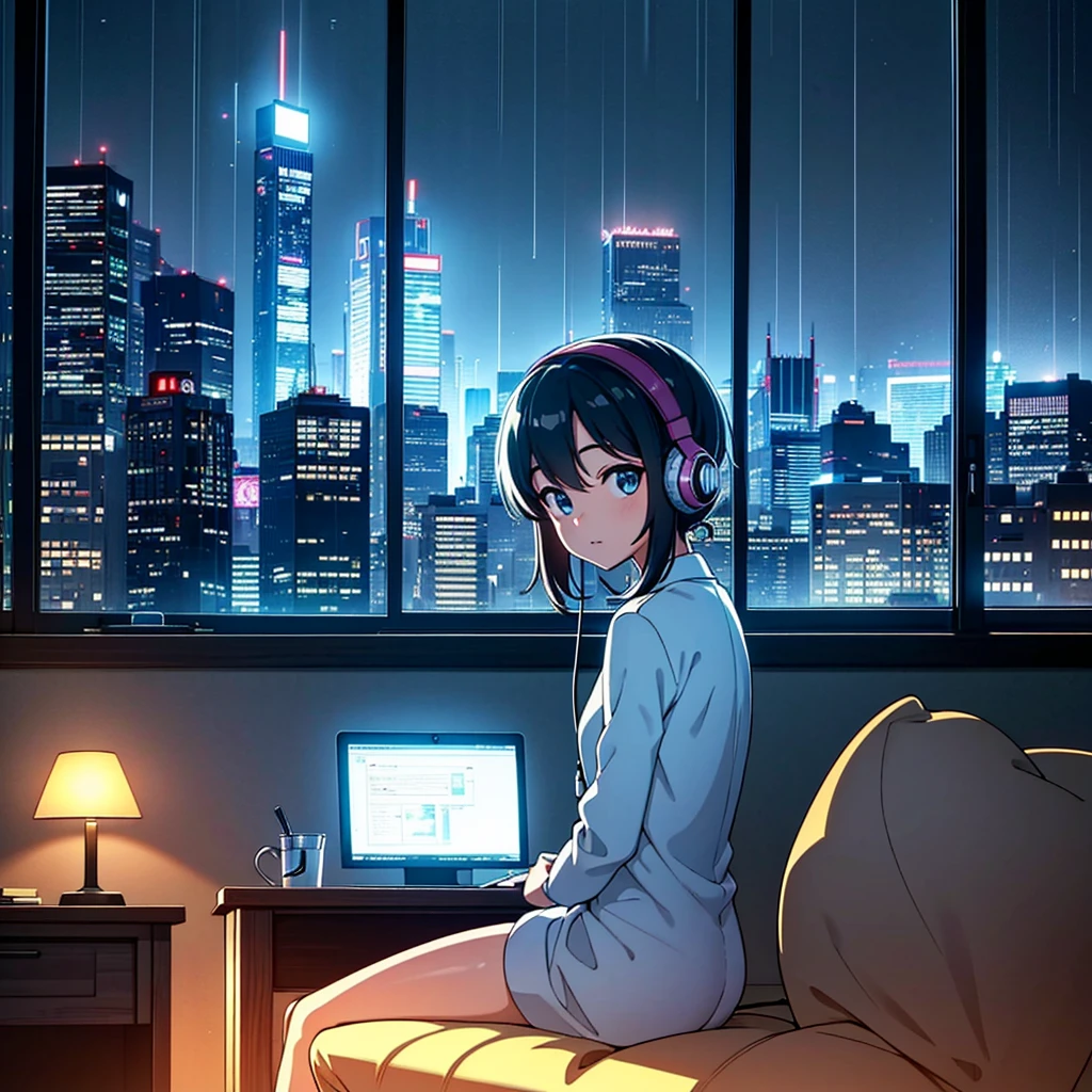 sitting at a desk in front of a computer, with their back to the viewer. The setting is at night, and the room is softly lit by the glow of the computer screen and a desk lamp. Outside the window, it’s raining, and city lights can be seen in the distance. The person is wearing headphones and appears to be focused on their work