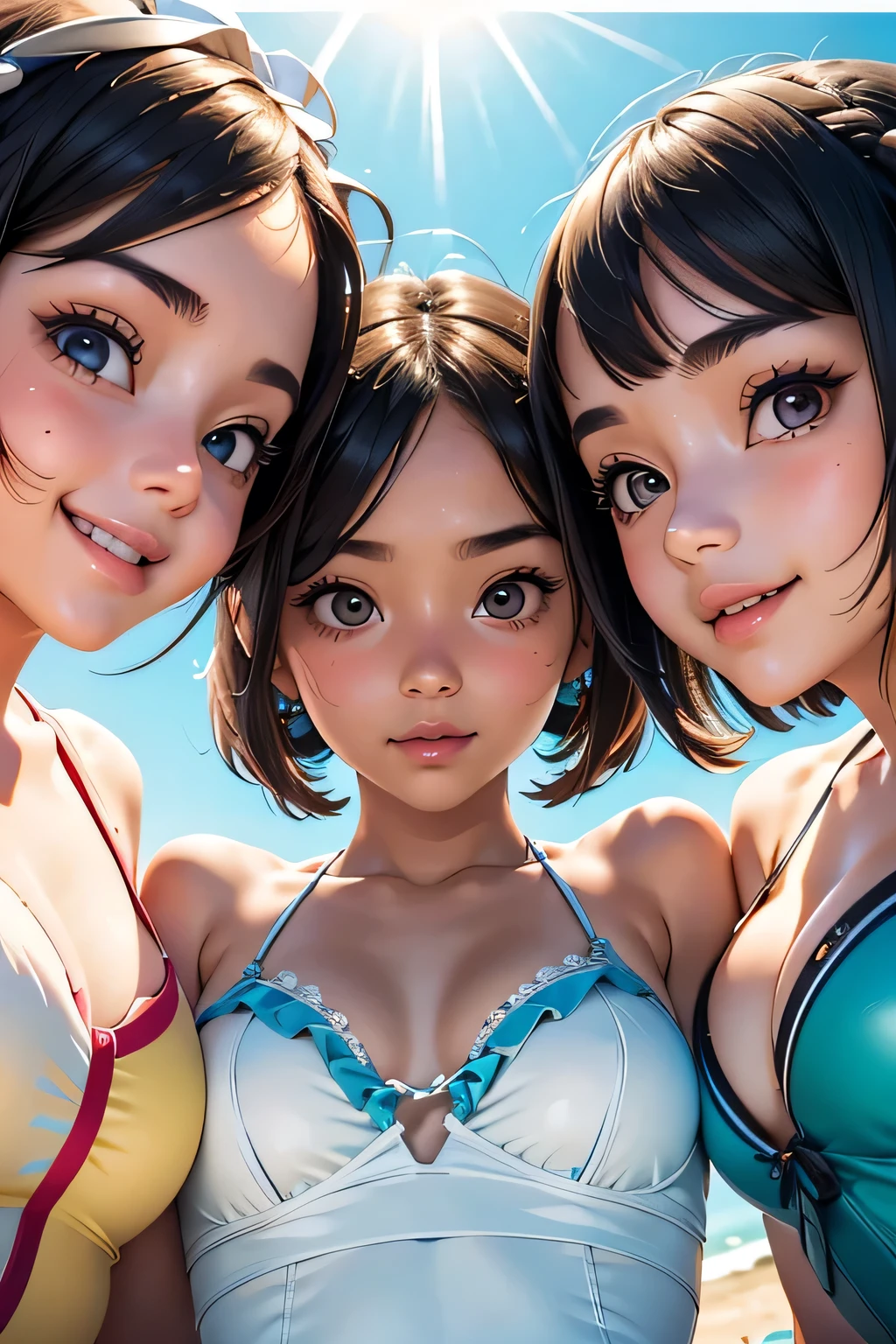 Highest quality、High resolution、Detailed Background、(Beautiful face in every detail:1.4)、Anatomically correct、Normal number of fingers、(Detailed facial expressions)、(Detailed eyes:1.2)、age beauty、(Highly detailed face:1.4)、(Huge breasts:1.2)、cute hair color、Braided bob cut、Braided Ponytail、cute hairstyle、well-groomed eyebrows、Perfect body line、A big smile、smile、Summer Sea、
(Super close-up of three beautiful girls from below:1.5)、Close up from below、Look at me with a happy expression、Cute gestures、
Bikinis with high waist and frill designs、A cute one-piece swimsuit with a romper-style design and ribbon accents、A tankini with separate top and bottom、Vivid colors and refreshing pastel colors are recommended.、Summery colors、cute