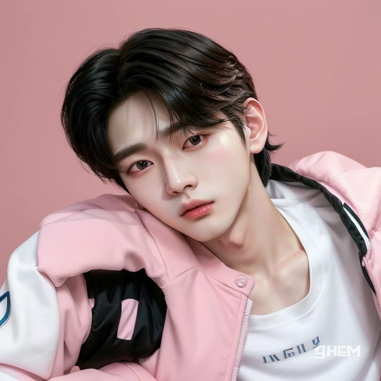 Arafed image of a man in a pink jacket and a white shirt., kim doyoung, jinyoung shin, cai xukun, Jung Jaehyun, wicked ulzzang, jinyoung shin aesthetic, pale korean adorable face, young pale angel, hyung tae, inspired by Yanjun Cheng, inspired by Bian Shoumin, hong june hyung, kpop idol portrait