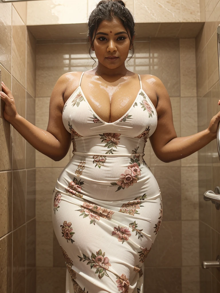 Sri lankan aunty 45 years old curvy body sexy figure fat hairbun wearing flower pattern tight long dress at shower wet dress