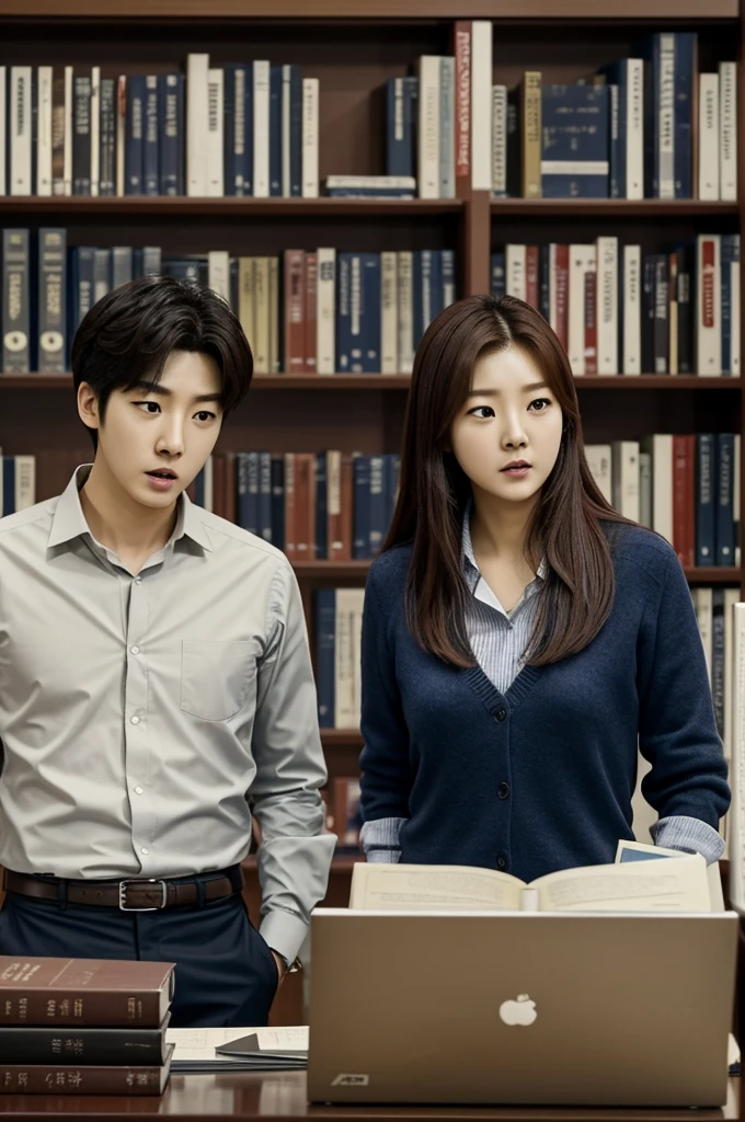 Generate me A scene of Jinwoo and Seoyoung in the library, Jinwoo explaining a Calculus problem while Seoyoung looks at him with a mixture of annoyance and fascination. The background could be a blurred image of the library shelves, creating a sense of intimacy. Make them young adults
