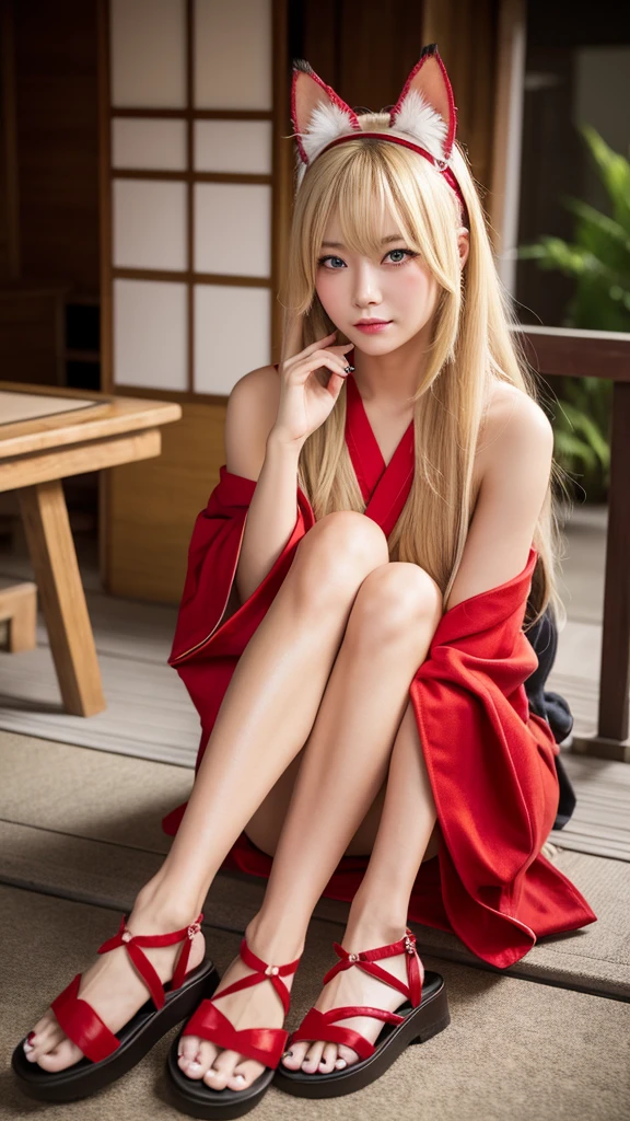 “A beautiful woman with cat ears, long blonde hair, and red eyes. She has a tear mole under her left eye, no human ears, red eye shadow, and light red blush. She is wearing a traditional Japanese yukata with a yellow obi and red thong geta sandals. The image should be highly detailed, 8K resolution, with cinematic lighting and a twilight sky, capturing intricate textures.”