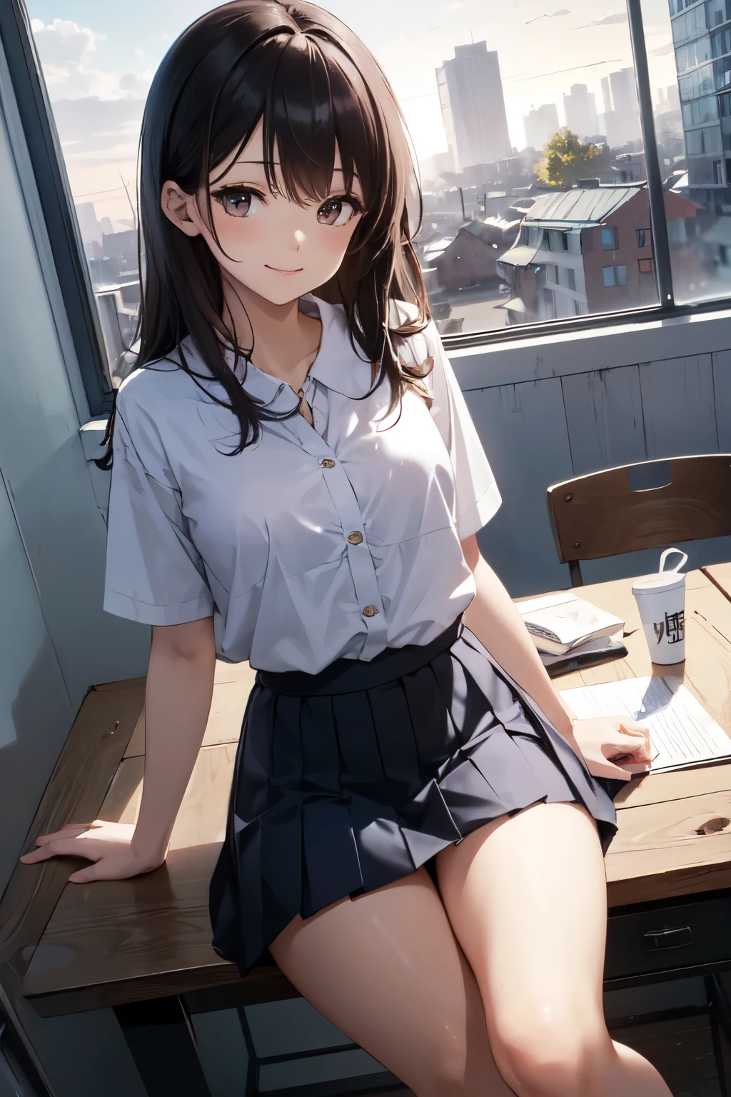 very cute and beautiful girl,(Very detailed美しい顔), (smile),blush,Black Hair,Seraphim,(Pleated navy blue mini skirt),Are standing,(From below),(Lacy white panties), Wooden classroom,window,Distant Tree々and the city, (Highest quality,masterpiece:1.0),Absurd,High resolution,Super detailed,Very detailed,32k,8K resolution, Intricate details,Movie Scenes,Detailed Background,alone,Dynamic Angle,