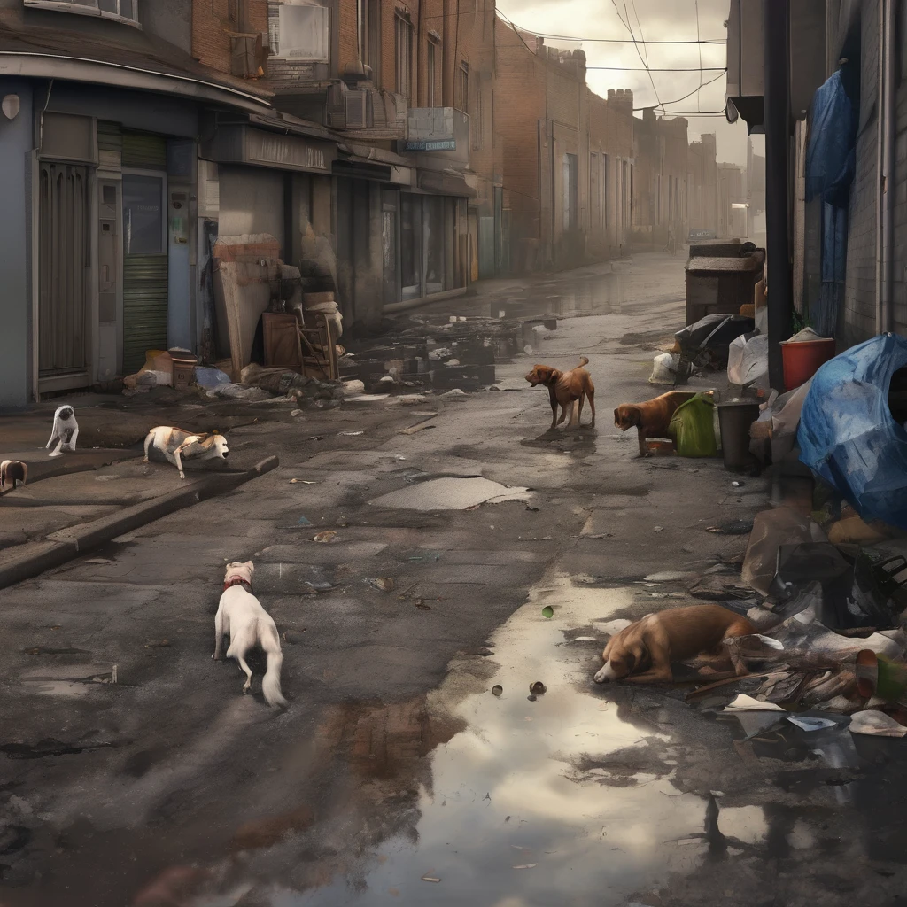 Realistic photo of a street , abandoned street with thrown rubbish, draining sewage system, puddles of water, dogs rummaging through trash, rats in the trash