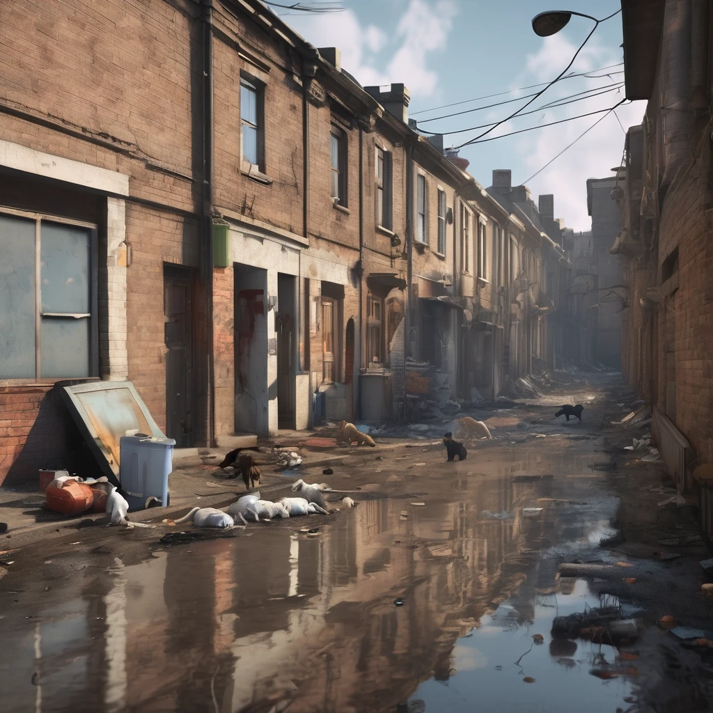 Realistic photo of a street , abandoned street with thrown rubbish, draining sewage system, puddles of water, dogs rummaging through trash, rats in the trash