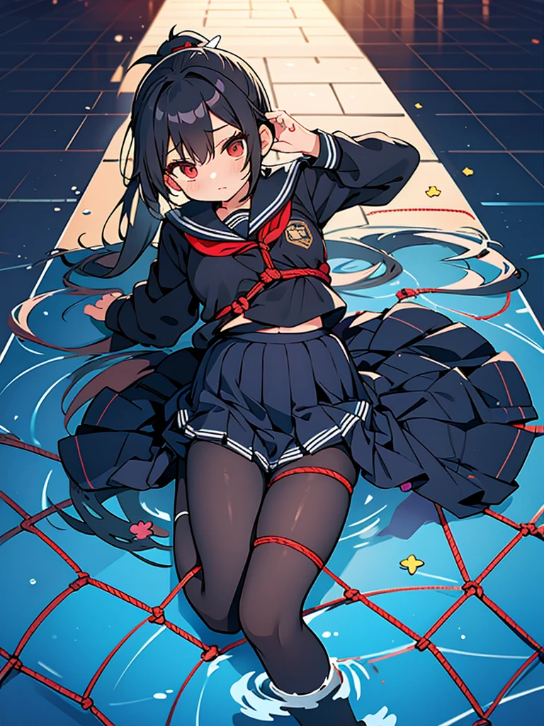 Correct human body structure,perfect,Black ponytail,Black pantyhose,((cute girl)),Full body pictures,in the pool,night,rope bondage,Short skirt,alarmed,wet clothes,school uniform