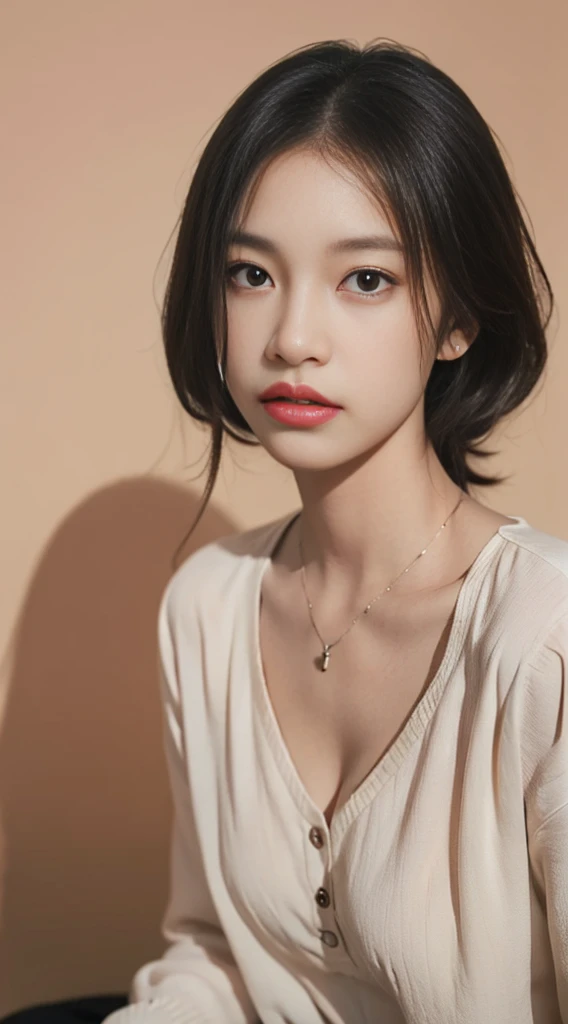 masutepiece, Best Quality, Illustration, Ultra-detailed, finely detail, hight resolution, 8K Wallpaper, Perfect dynamic composition, Beautiful detailed eyes, Natural Lip, black knitted dress , small breasts, cleavage, (open shirt, studio background).