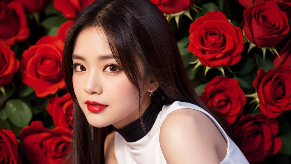 (Red Rose),(Detailed face),vivid,cute,A silky white dress with sleeveless top and turtleneck,4K ,Ultra-high resolution,(Photorealistic:1.7),Red background,Long black hair,