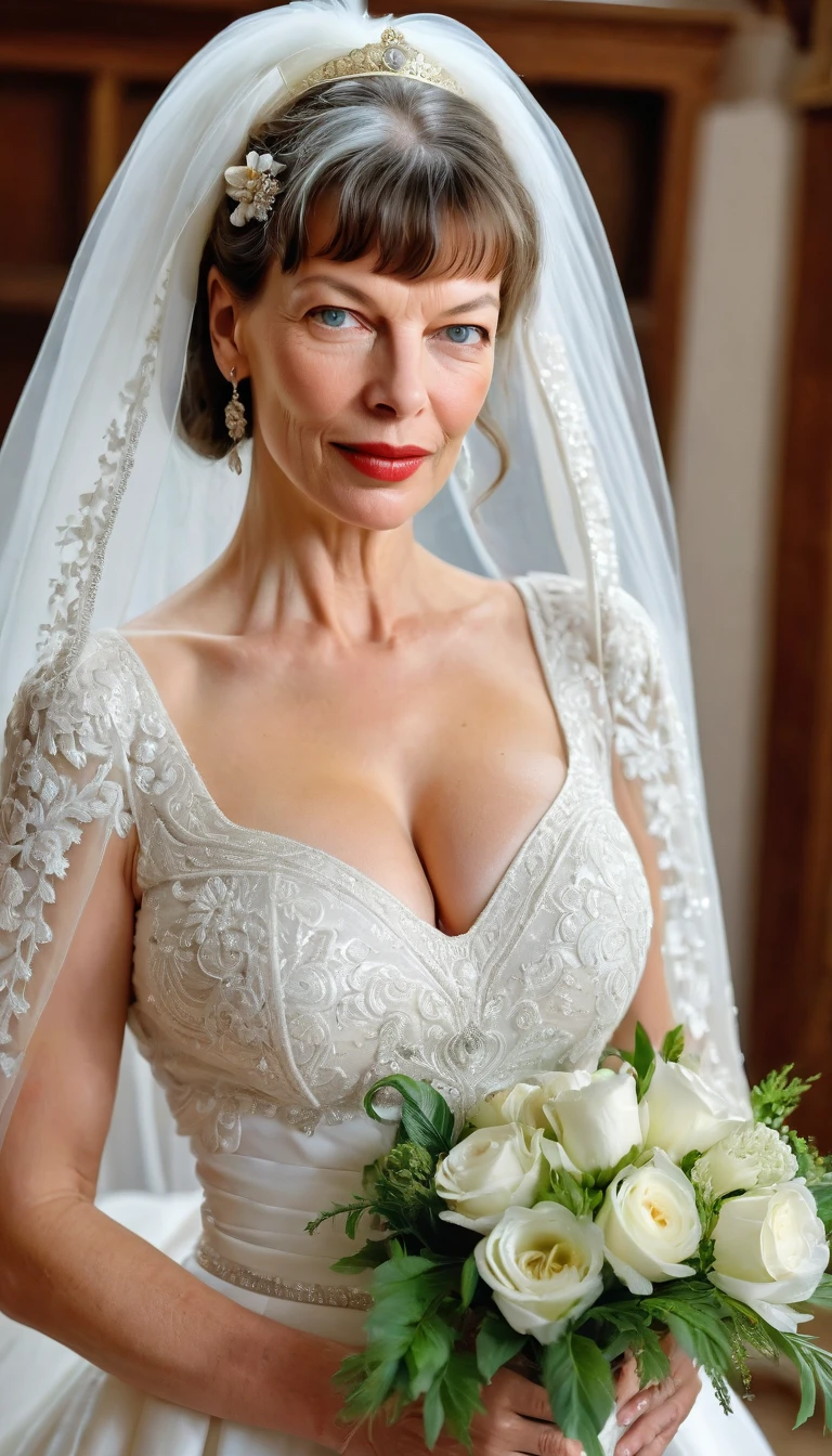  Ukrainian traditional wedding wear , slutty  Ukrainian old bride , 56yo , huge saggy tits , tall , beautiful , 8K , look like Milla Jovovich
