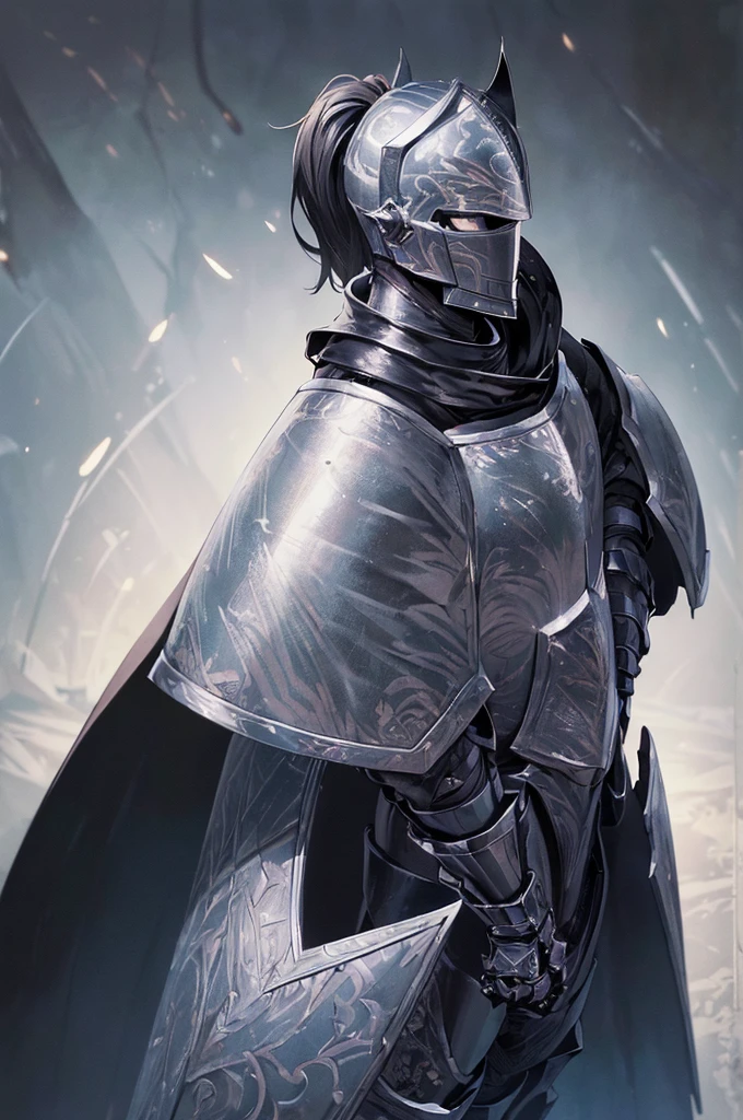 (masterpiece; best quality: 1.2), ((full armored knight man)), ((solo)), (black eyes: 1.4), (body; toned, lean, masculine: 1.3), (beautiful and clear background: 1.2), ((depth of field)), (equipment: full plate all-dark black-damascus realistic armor + closed helmet with ponytail + black cape: 1.3), (anime illustration: 1.2), (background composition; garden exterior + furniture: 1.1), (extremely fine and handsome: 1.1), (shot composition; standing + centered on torso + close-up: 1.5)