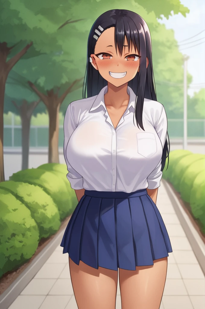 score_9, 
nagatoro hayase, white shirt, huge breast, pleated skirt, tan, 
standing, facing viewer, looking at viewer, arms behind back, smile, blush, cowboy shot, 
outdoors, school, 
high resolution, Masterpiece