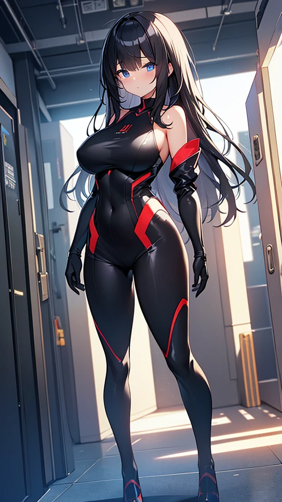 (Highly detailed CG Unity 8k wallpaper,masterpiece, Biological, whole body),(Best lighting, Best Shadow, Very delicate and beautiful),(One girl),blue eyes, Big Breasts, Black Hair,Red and black off-the-shoulder SF bodysuit,Neck Seal,High-tech sci-fi corridor, Dynamic pose, Detailed Machinery, Sleek design., {{An extraterrestrial lifeform preys on girls and takes their place、Her breasts are bigger than a real girl&#39;s、For the purpose of reproduction with humans}}, Unknown sensation, Feels good, Vigorous movement, more, instinct, Female fall, Bouncing chest, ((Intense vaginal sex with a man:1.5)), NSFW