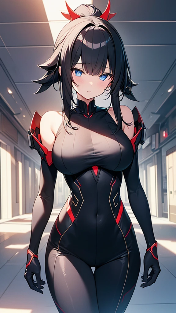 (Highly detailed CG Unity 8k wallpaper,masterpiece, Biological, whole body),(Best lighting, Best Shadow, Very delicate and beautiful),(One girl),blue eyes, Big Breasts, Black Hair,Red and black off-the-shoulder SF bodysuit,Neck Seal,High-tech sci-fi corridor, Dynamic pose, Detailed Machinery, Sleek design., {{An extraterrestrial lifeform preys on girls and takes their place、Her breasts are bigger than a real girl's、For the purpose of reproduction with humans}}, Unknown sensation, Feels good, Vigorous movement, more, instinct, Female fall, Bouncing chest, ((Intense vaginal sex with a man:1.5)), NSFW