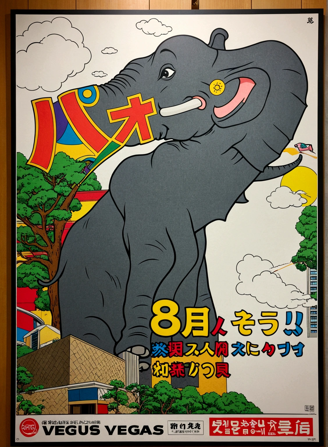 there is a poster with an elephant in front of a building, Beasts, Aoshima, elephant, Spectacular!, iron, Vivid!!, [ Realistic photos ]!!, 8 time, flying elephant, iPhone Capture, Kumamoto, Happy!!!, dynamic!!, by Kinichiro Ishikawa, Mammoth, male!!, it&#39;s raining!!, Surreal!!!, 8