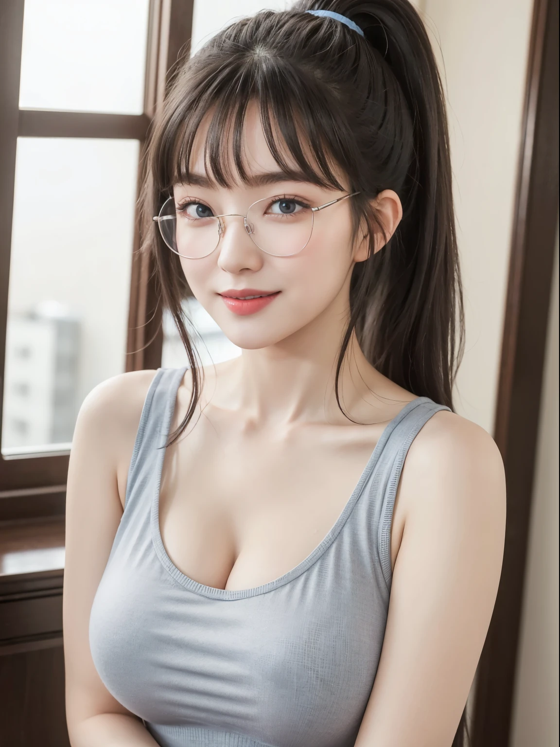 (Best quality, masterpiece, detailed), (RAW, 4k, hd images), 1 girl, , white skin, medium hair, ponytail, layers hair, bangs, black hair, beautiful girl, cute girl, sweet girl, pretty girl, perfect girl, perfect body, pretty eyes, blue eyes, thin lips, (eye line, lip soft), perfect breast, round and firm breast, glasses(detailed frame), smile, indoors, grey sport tank top, upper body, cleavage