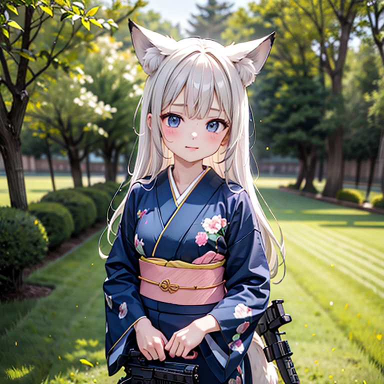 (Fox Girl, Fox Ears, Silver Hair, Fox Makeup, One Girl, Long Hair:1.6), (kimono, Kimono with open chest, A beautiful kimono with red and black patterns, Open chest, Exposed skin:1.7), (Body measurements are 75-60-75!, Young girl body, Small breasts, Small breasts, Ready your weapon, face down, Assault Rifle:2), Avatar, face, lewd face, Dominant representation, naughty face, Uplifting, Skin Texture, outside, Grassy field