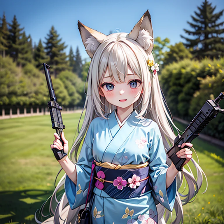 (Fox Girl, Fox Ears, Silver Hair, Fox Makeup, One Girl, Long Hair:1.6), (kimono, Kimono with open chest, A beautiful kimono with red and black patterns, Open chest, Exposed skin:1.7), (Body measurements are 75-60-75!, Young girl body, Small breasts, Small breasts, Ready your weapon, face down, Assault Rifle:2), Avatar, face, lewd face, Dominant representation, naughty face, Uplifting, Skin Texture, outside, Grassy field