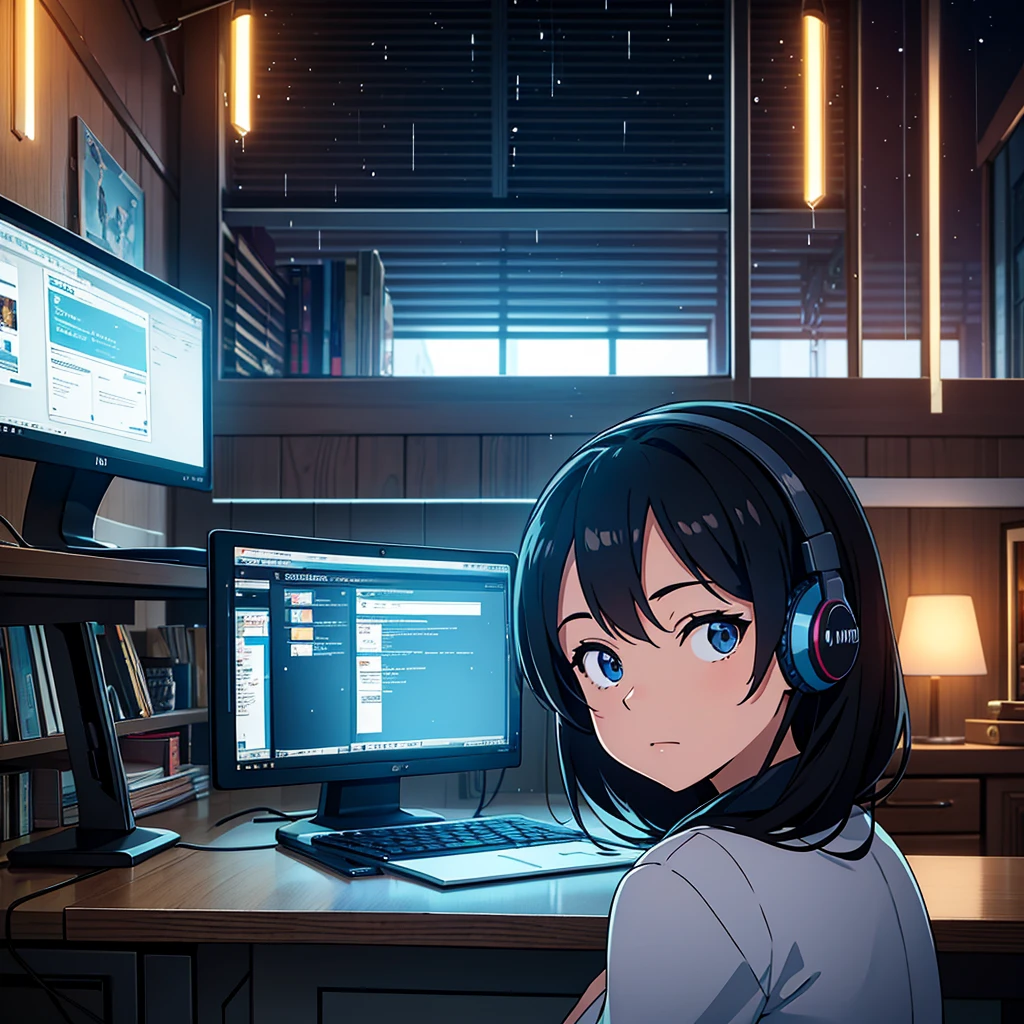 sitting at a desk in front of a computer, with their back to the viewer. The setting is at night, and the room is softly lit by the glow of the computer screen and a desk lamp. Outside the window, it’s raining, and city lights can be seen in the distance. The person is wearing headphones and appears to be focused on their work