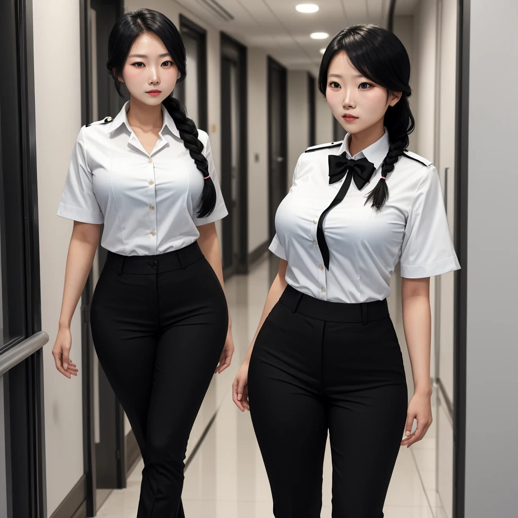 Asian woman with pale skin, blushing, wearing a uniform white shirt and black pants, black tie, Standing in hallway, braided black hair, skinny, large breasts and wide hips.
