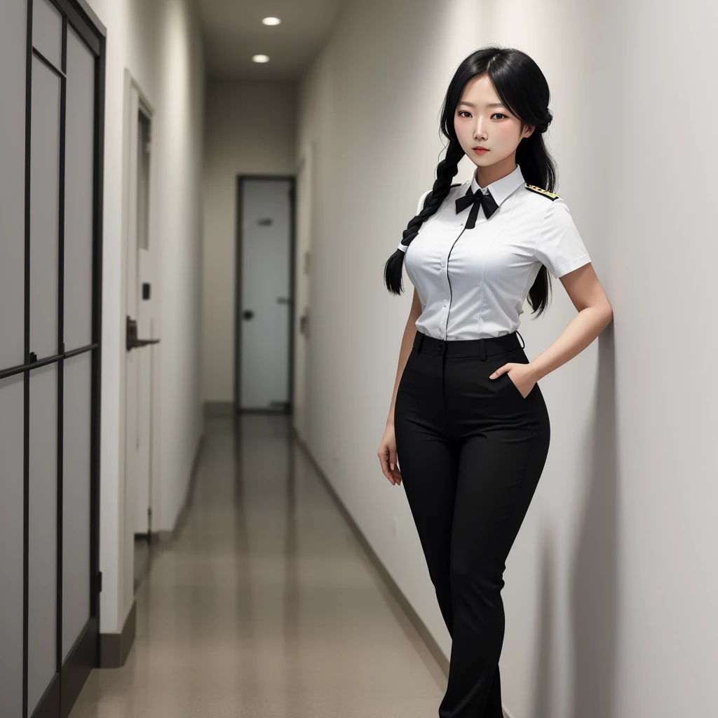 Asian woman with pale skin, blushing, wearing a uniform white shirt and black pants, black tie, Standing in hallway, braided black hair, skinny, large breasts and wide hips.