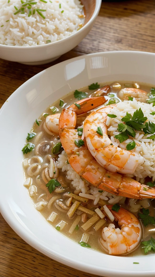 Small shrimp soup accompanied by loose white rice sprinkled with chives and parsley in a beautiful white plate on a wooden table