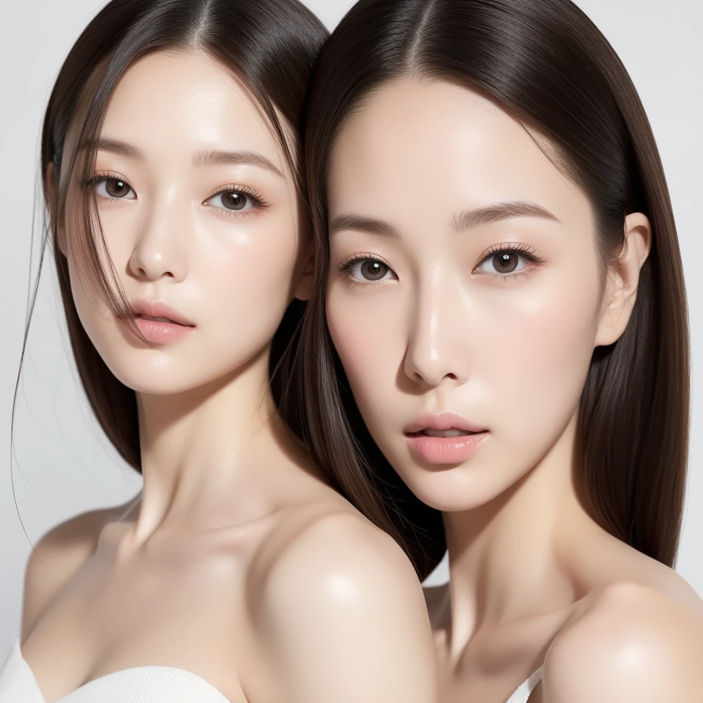 Featuring confident and radiant women、Generate AI art inspired by Japanese cosmetics ads。Displayed up to chest level、Her perfect skin、One person、 Vivid makeup、Pay attention to trendy hairstyles、Capturing the Essence of Japan-Beauty。Isolated on a natural white background、Reflecting beauty and fashion trends、Arafed Asian Woman, Looking at me from an angle、Photo shoot for a skincare brand, Milky skin, Shiny and soft skin, Cleanse the skin of the face and body, Shiny skin, Fan art, EUR, Fizzy skin, Beauty Campaign, Portrait Shot, Beautiful face in white tones, Ether Skin