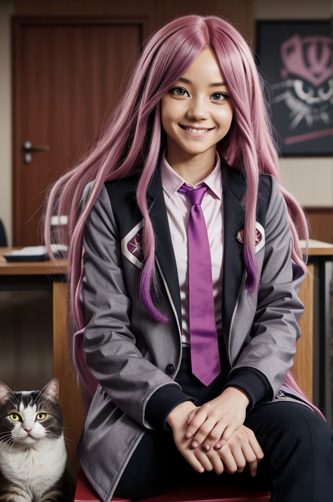 Screenshot Boku no Hero Academia, beautiful woman, long pink hair with wavy purple dreadlocks, fringe, slanted eyes, dark red eyes, expression with a smile, little cat whiskers, gray jacket with red tie, sitting with a class in the background
