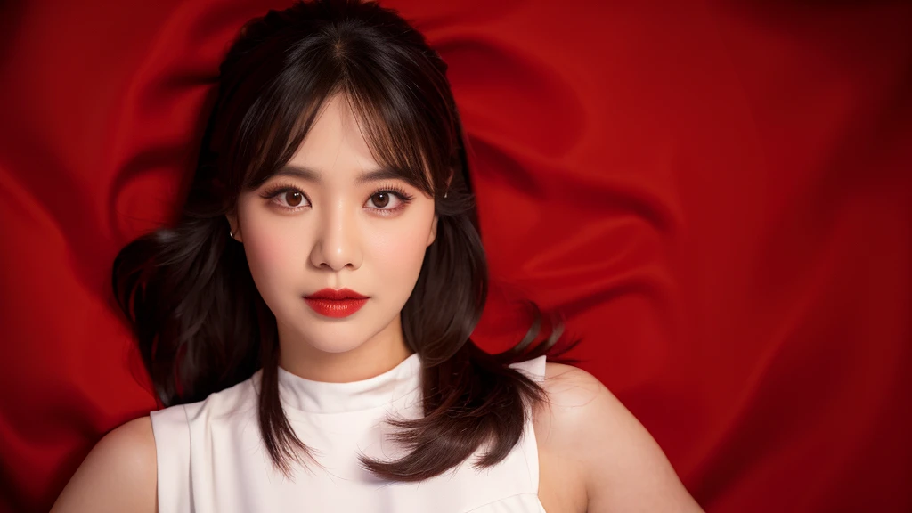 (Red Rose),(Detailed face),vivid,cute,A silky white dress with sleeveless top and turtleneck,4K ,Ultra-high resolution,(Photorealistic:1.7),Red background,Long black hair,