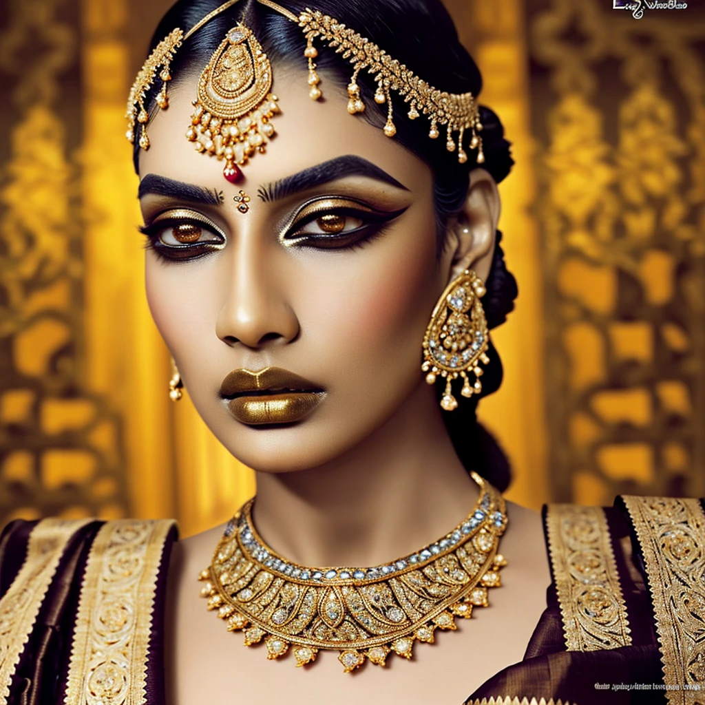 a beautiful elegant indian woman, high fashion model, extremely detailed eyes and face, beautiful detailed eyes, beautiful detailed lips, longeyelashes, chic hairstyle, intricate jewelry, ornate sari, shimmering fabric, golden accents, dramatic lighting, cinematic composition, photorealistic, hyper detailed, (bes