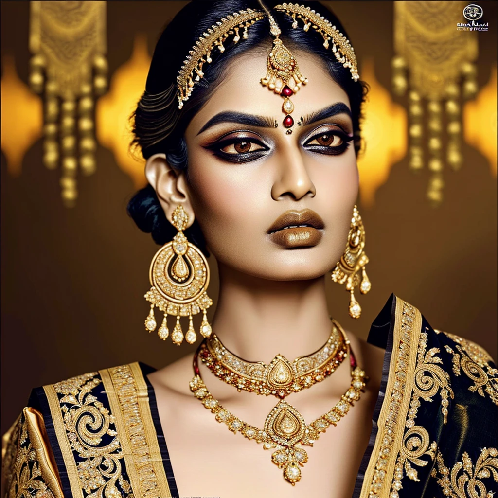 a beautiful elegant indian woman, high fashion model, extremely detailed eyes and face, beautiful detailed eyes, beautiful detailed lips, longeyelashes, chic hairstyle, intricate jewelry, ornate sari, shimmering fabric, golden accents, dramatic lighting, cinematic composition, photorealistic, hyper detailed, (bes