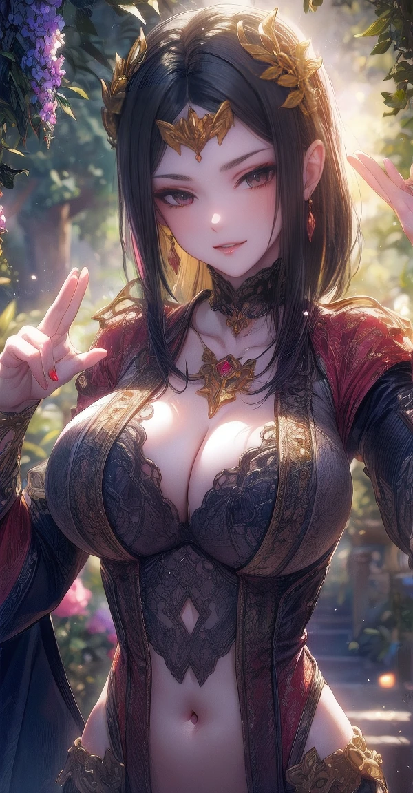 (Masterpiece:1.5), (((High qualityสุด, best quality, High quality))), ((complicated details, very detailed, Crazy details)), height, 32ก, Extremely detailed CG 8K unity wallpaper., (beautiful and beautiful:1.2),, (depth of field:1.3), (Flawless.:1.3), (Delicate depiction of details:1.4),
(((Abundant natural light, Delightful bright colors))), (Ambient volumetric backlight:1.5),  (Illustration of an extremely beautiful young woman:1.3),
(upper body:1.4), (perfect center:1.4), (Natural willow pose:1.5), (((dynamic poses, movie corner))),
(1milf:1.5), (alone:1.4),
beautiful beautiful face, [(detailed face:1.2):0.2], Bright eyes, Pure Rose Face_v1, ulzzang-6500-v1.1,  (gag:1.5), (red lips:1.4), (full lips:1.4), (smile:1.3),
Flawless attractive body, (((The feminine curves are pronounced.))), Skin glows brightly., realistic skin, hair follicles, (((Tightening belly, navel, Groin:1.3))),
(((Golden thread flutters.))), (Fringed tassels:1.3), (Tight long sleeves:1.4), (Single neck), (The invention shines.:1.5), (Elegant and intricate clothing accessories:1.5), (Embroidery work decorated with gems:1.4), (sparkling clothes:1.4), (sparkling particles:1.3), (((The front seam is sagging., Sagging back seam))), (((earring, armband, Hair clips, hair accessories))), (Stand alone in a magical outdoor garden decorated with gems and colorful exotic flowers and shrubs.:1.5), (Outside the great ancient palace:1.5), 