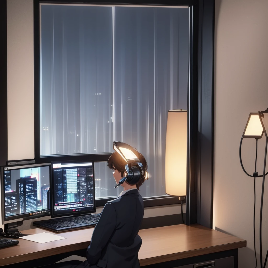 sitting at a desk in front of a computer, with their back to the viewer. The setting is at night, and the room is softly lit by the glow of the computer screen and a desk lamp. Outside the window, it’s raining, and city lights can be seen in the distance. The person is wearing headphones and appears to be focused on their work