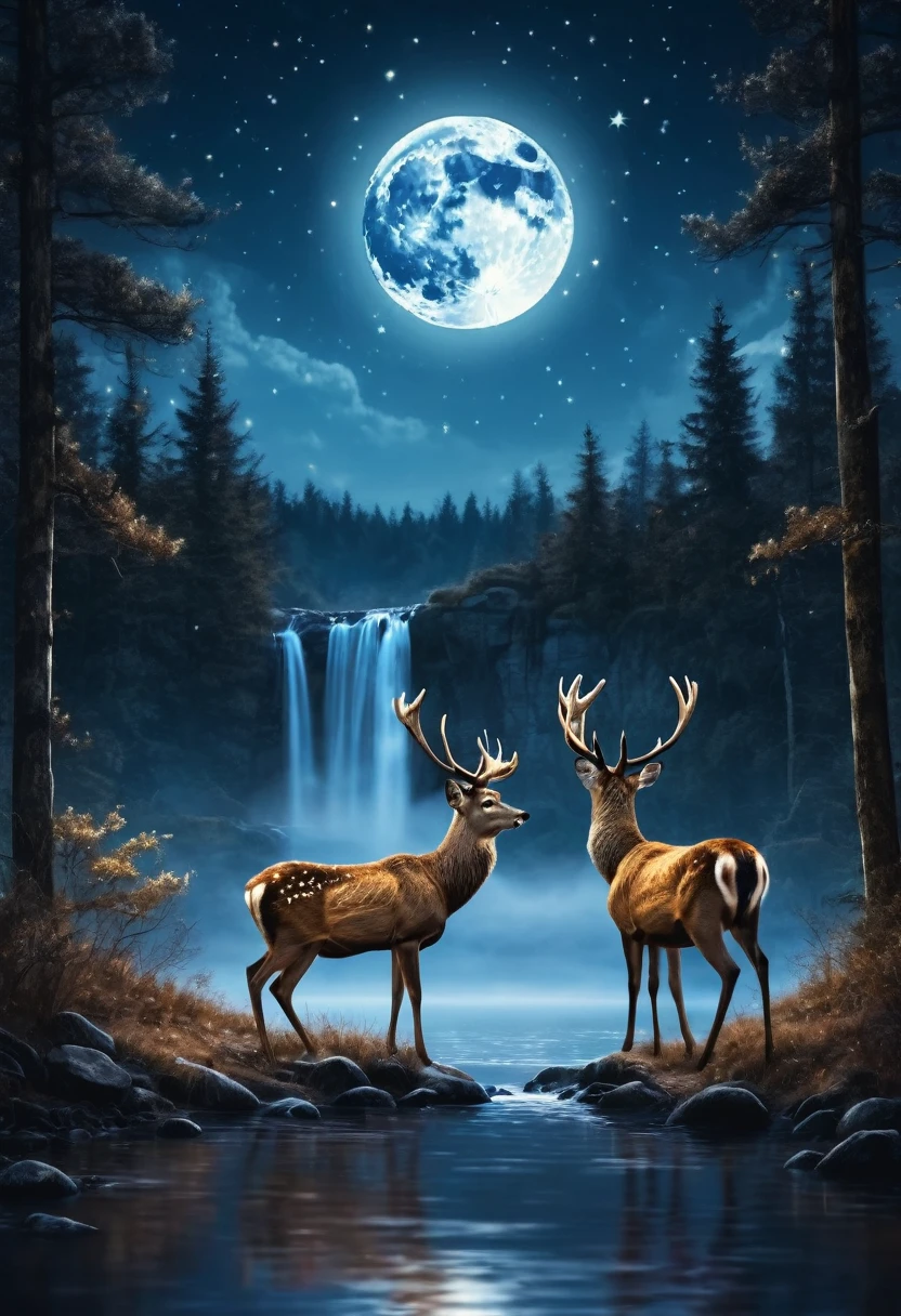 two deers, standing,on the forest, looking each other, in the night, moon light background, realistis, with star on the sky, with water fall