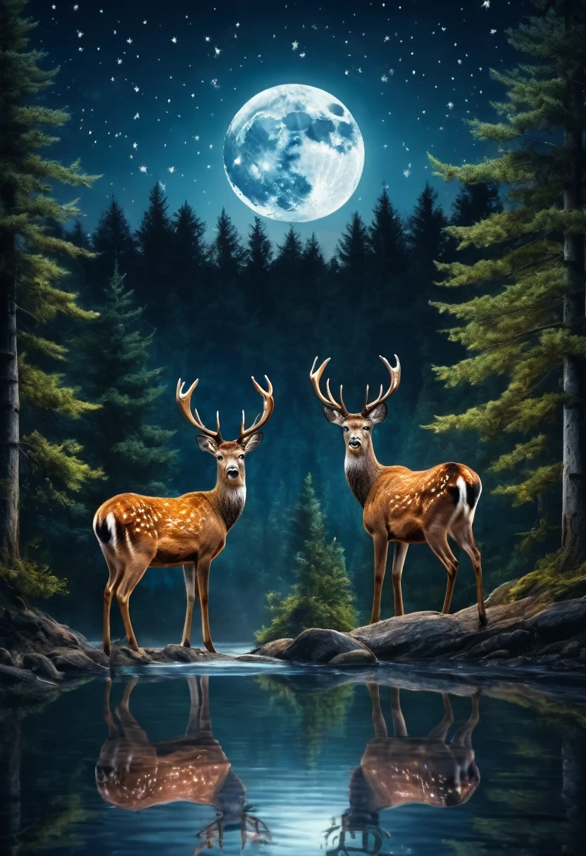 two deers, standing,on the forest, looking each other, in the night, moon light background, realistis, with star on the sky, with water fall