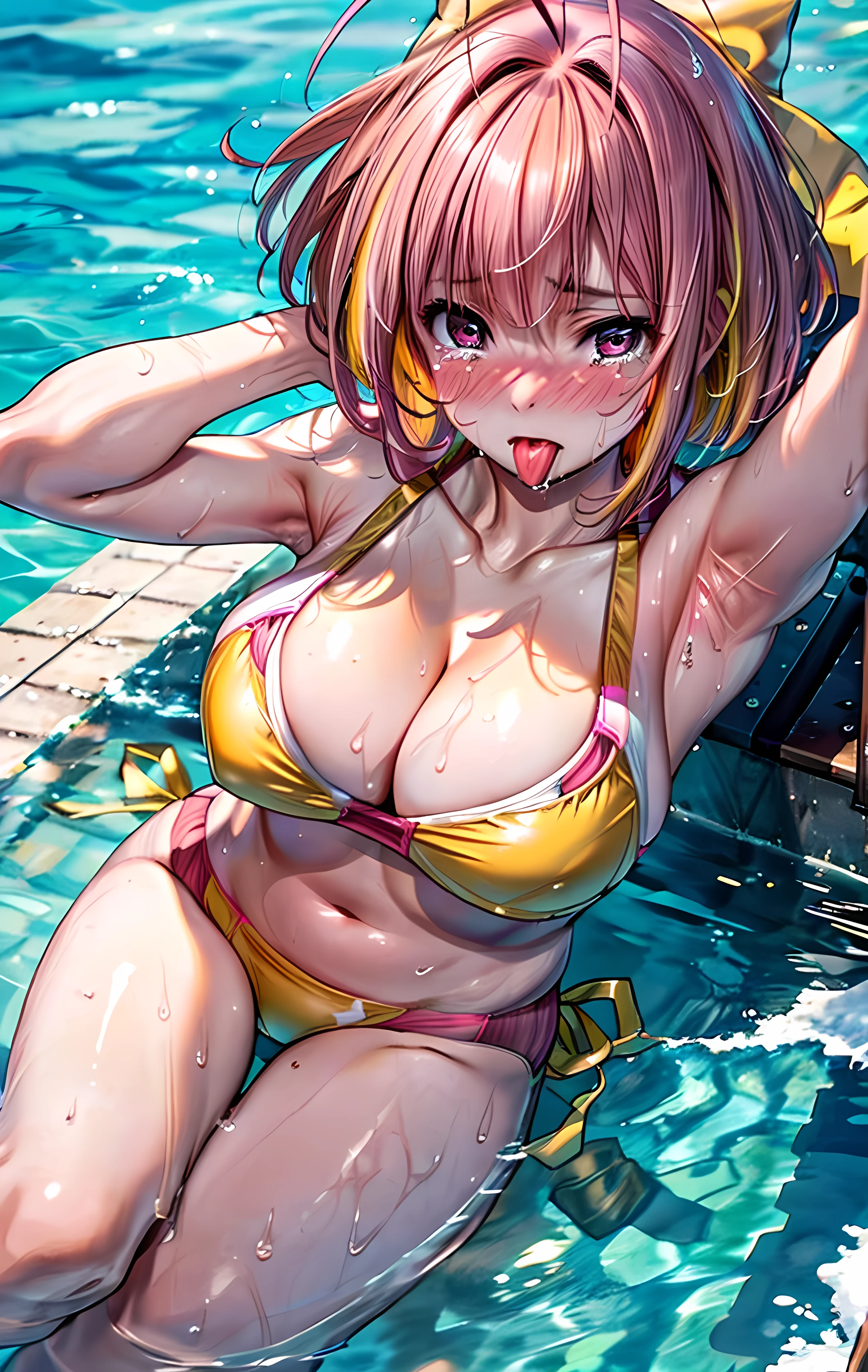 8K ultra-high resolution, Highest quality, Ultra-detailed, Awards, Raw photo, Realistic, Photorealistic, Anatomically correct female beautiful body and limbs, Perfect Anatomy, 1 adult female, (hmcanon:1.2), (Pink Hair, Very short hair, Antenna Hair), (yellow hair bow:1.2), Sports Bikiniだけを着ている, armpits, bare hands, Exposed cleavage, Soft Breasts, Puzzled, Embarrassed look, Stick out all your tongue, blush, Shy laugh, Wet with sweat all over the body, Hollow Eyes, tears, Lie, (Pink and Yellow Sports Bras), (Pink Sports Bikini), (Detailed Sports Bikini), tears, I was astonished, Leg spread, Open your knees, Lying on my back on the sea, Lie on your back on the water, Tempting, Depth of written boundary,