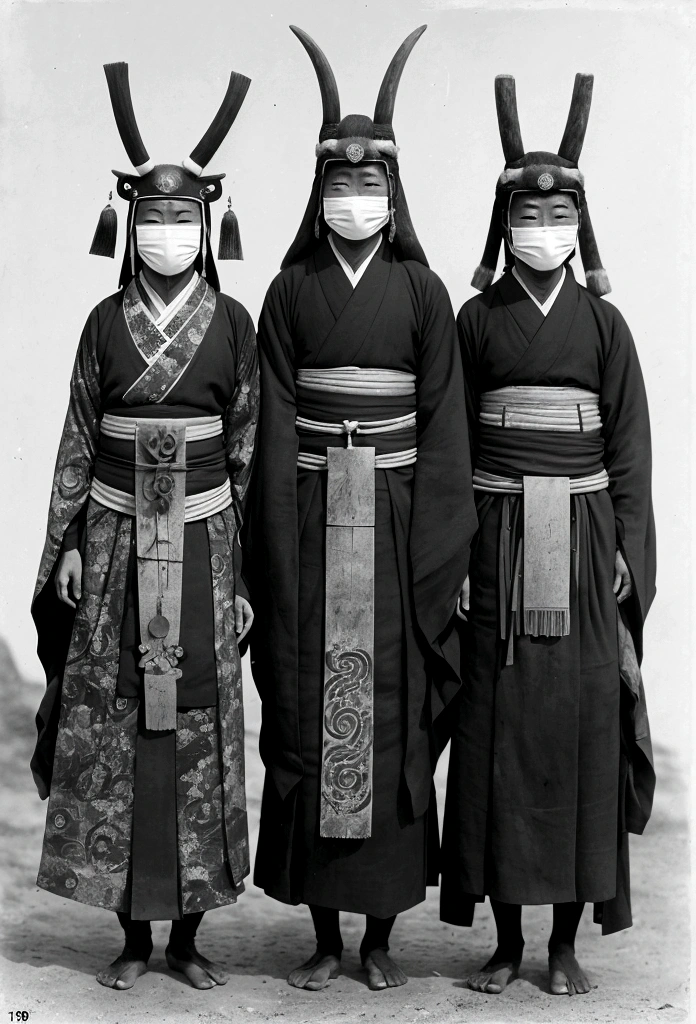 whole body, Locals of the Masked Tribe of Ancient Japan々take a picture, Shot in black and white, Photos from the 1900s, Gelatin silver print, Add Noise, Old Photo Effects
