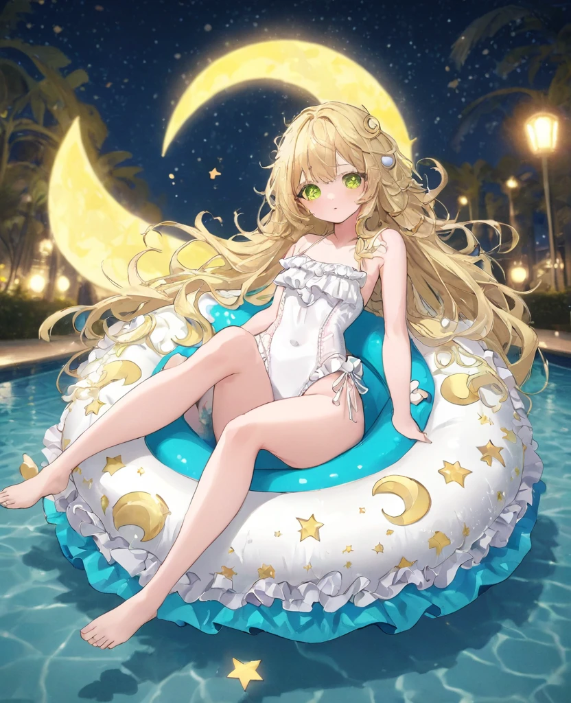(masterpiece, best quality:1.2), (absurdres, highres, ultra-detailed), (perfect anatomy), Cute woman、Night Pool、Riding on a cute float、Blonde、Fluffy longhair、Yellow-green eyes、Background glitter、night、Crescent Moon、heart、White frilly swimsuit

(8K, RAW photo:1.2),detailed face and eyes,intricate detail ,masterpiece ,sharp focus, high quality,BREAK,rating: general, newest