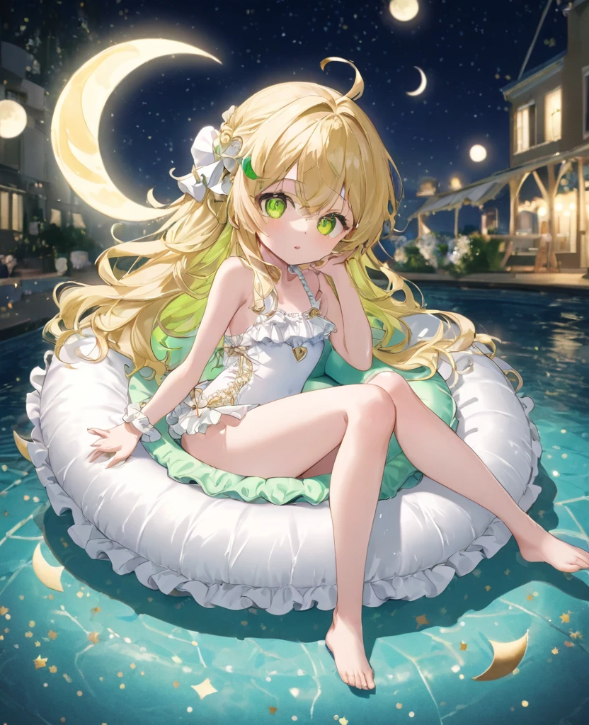 (masterpiece, best quality:1.2), (absurdres, highres, ultra-detailed), (perfect anatomy), Cute woman、Night Pool、Riding on a cute float、Blonde、Fluffy longhair、Yellow-green eyes、Background glitter、night、Crescent Moon、heart、White frilly swimsuit
(8K, RAW photo:1.2),detailed face and eyes,intricate detail ,masterpiece ,sharp focus, high quality,BREAK,rating: general, newest