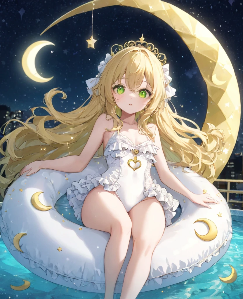 (masterpiece, best quality:1.2), (absurdres, highres, ultra-detailed), (perfect anatomy), Cute woman、Night Pool、Riding on a cute float、Blonde、Fluffy longhair、Yellow-green eyes、Background glitter、night、Crescent Moon、heart、White frilly swimsuit

(8K, RAW photo:1.2),detailed face and eyes,intricate detail ,masterpiece ,sharp focus, high quality,BREAK,rating: general, newest