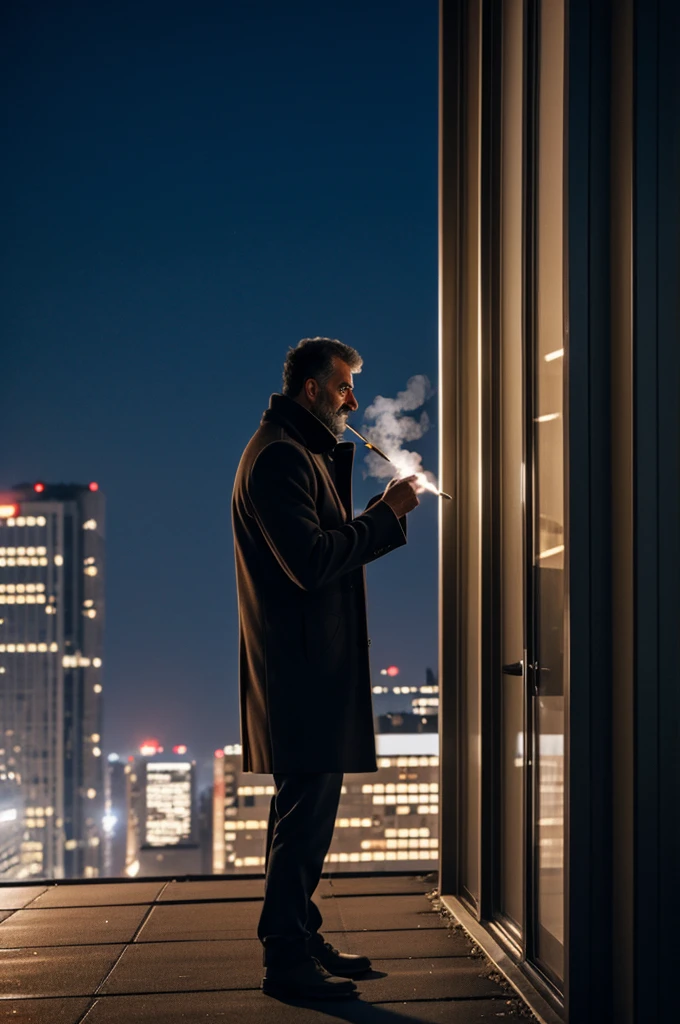A stoic man standing at the rooftop of the building smoking cigarette during a cold night