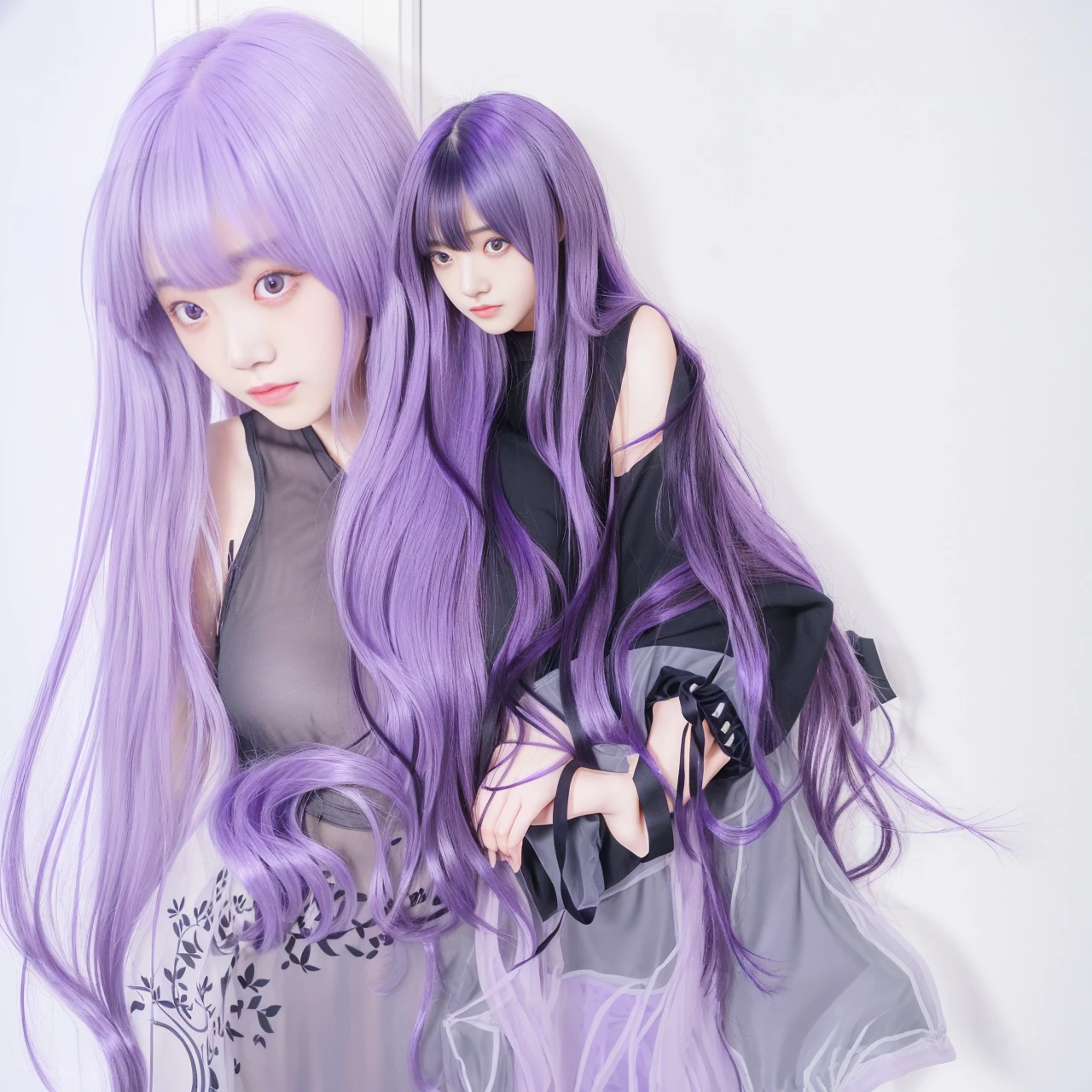 1girl with long hair and black dress standing in front of a door, anime girl wearing a black crop top, (Light purple hair), (Long hair), fair skin, purple eyes, pretty face, big breasts, cute face see-through bangs, (((Perfect))), Thin face, near future, Small face